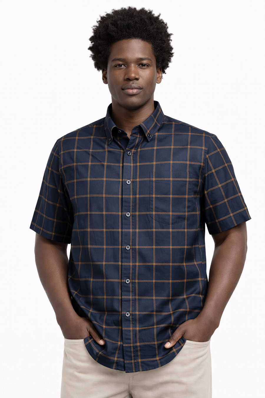 PF Navy Grid Short-Sleeve Button-Up Shirt
